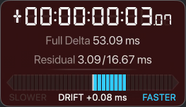 The same panel right after enabling HFR: offset +00:00:00:03.07, Full Delta still 53.09 ms, Residual 3.09 of 16.67 ms