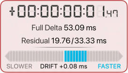 Delta and Drift panel before enabling HFR: offset +00:00:00:01.47, Full Delta 53.09 ms, Residual 19.76 of 33.33 ms