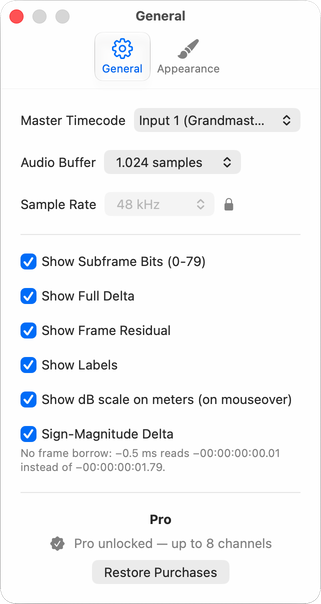 General settings: master timecode source, audio buffer, sample rate and display options